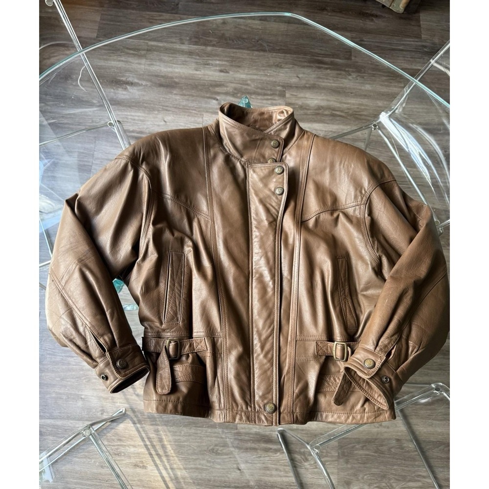 Vintage Marlboro Adventure Team Brown Cowhide Leather Moto Jacket Shoulder Pads